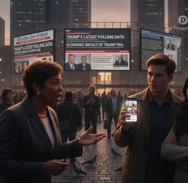 A dynamic scene illustrating public opinion on Donald Trump, featuring a diverse group of people gat