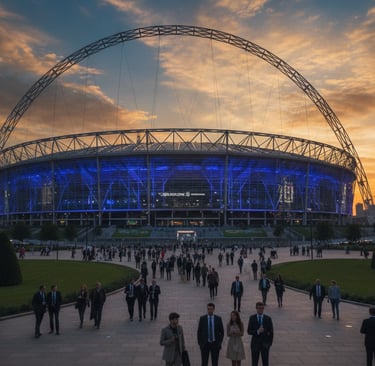 A stunning view of Wembley Stadium showcasing its architectural innovations, framed by a vibrant sun