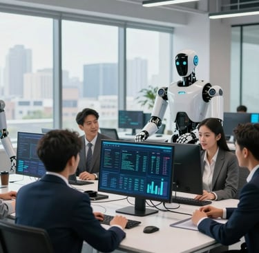 A modern office environment illustrating the theme of artificial intelligence and automation in the 