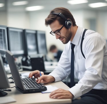 A smiling middle-aged man in business casual attire sitting at a desk with a laptop.