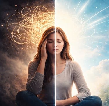 Vizuelni prikaz overthinkinga i smirenja uma – haotične misli koje prelaze u mir i mentalnu jasnoću.