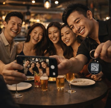Group taking selfie together at restaurant showing social sharing behaviour