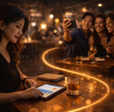 Customer using tablet at bar while friends share moment behind her reflecting active hospitality engagement