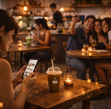 Female guest using mobile device at night bar environment illustrating customer engagement in venue