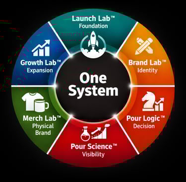Circular One System diagram showing Launch Lab Brand Lab Merch Lab Pour Logic Pour Science and Growth Lab structure