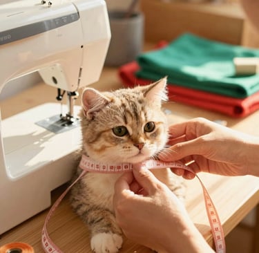 Un lindo gatito atigrado al que le toman las medidas con una cinta métrica rosa, junto a una máquina