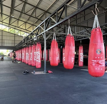 Red heavy punching bags hanging in a row at a Muay Thai training gym with black rubber flooring.