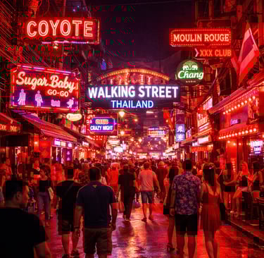 Nachts eine überfüllte Fußgängerzone in Pattaya, Thailand, mit leuchtend roten Lichtern und Touriste