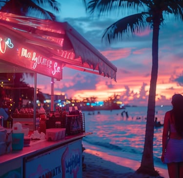 Tropische Strandbar bei Sonnenuntergang mit Neonlichtern, Palmen und Meereswellen in der goldenen