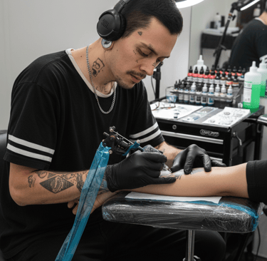 Baztiel Tattoo, tatuador chileno especializado en tatuajes neotradicionales y anime durante sesión