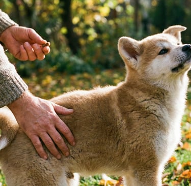 A close-up of a dog owner gently teaching an akita puppy to sit.