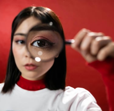 fekete hajú lány a nagyítón keresztül néz a kamerába