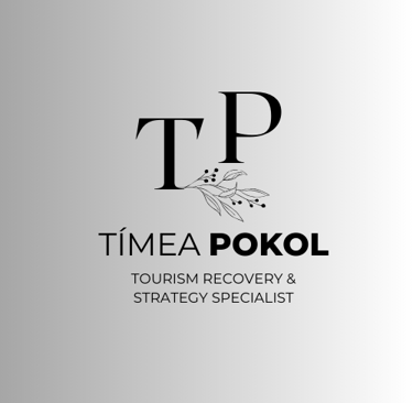 Tímea Pokol logo for Tourism Recovery and Strategy Specialist featuring TP monogram and botanical art.