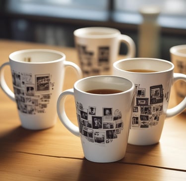 Close-up of colorful custom mugs with unique designs on a wooden table.