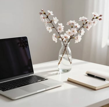 A minimalist home office setup with a sleek laptop, a linen notebook, and a delicate branch of cherry blossoms in a glass vase. Bright, soft morning light fills the room. Calm and elegant aesthetic. International / English-speaking professional context.