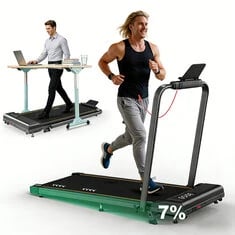 A man running on an incline treadmill and another using an under-desk treadmill while working.