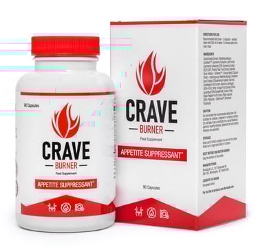 A white bottle and box of Crave Burner appetite suppressant capsules for natural weight management.