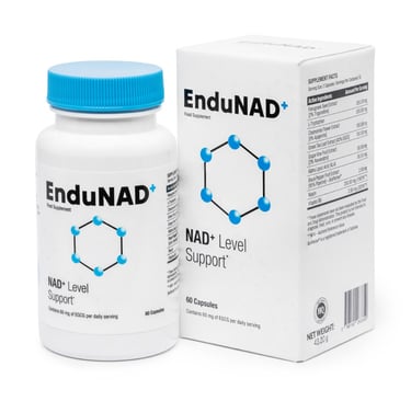 EnduNAD+ dietary supplement bottle and box for NAD+ level support and cellular energy.