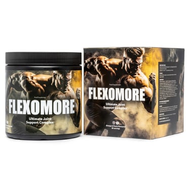 Flexomore ultimate joint support complex supplement tub and box for athlete recovery.