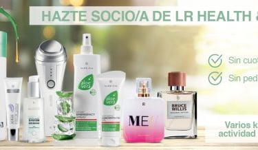LR Health & Beauty starter kit products including Aloe Vera skincare, perfumes, and supplements on a banner.