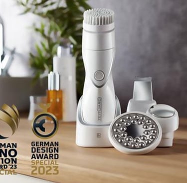 LR Zeitgard Pro facial cleansing brush set with massage attachments and German Design Award logos.
