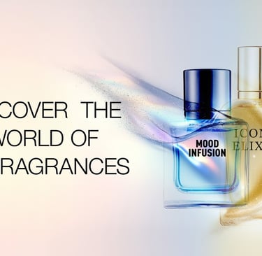 Luxury LR Fragrances Mood Infusion and Iconic Elixirs perfume bottles with elegant flowing vapor trails.