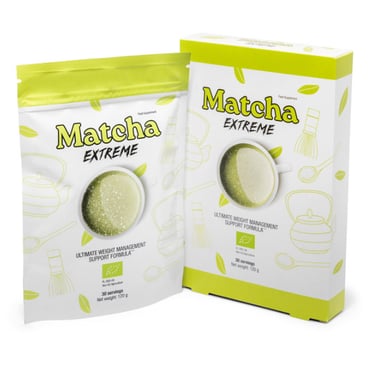 Matcha Extreme organic weight management tea supplement in 120g pouch and box packaging.