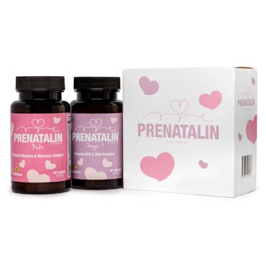 Prenatalin prenatal vitamins and Omega-3 supplement bottles with a heart-patterned gift box.