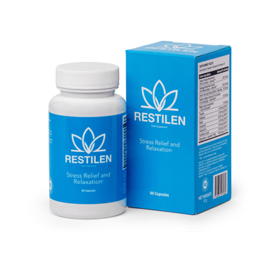 Restilen stress relief and relaxation food supplement bottle and box featuring 60 capsules for anxiety support.