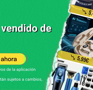 Temu bestsellers ad featuring wireless earbuds, electric shavers, and hair clippers on a green background.