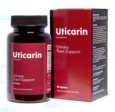 Uticarin urinary tract support supplement bottle and box containing 60 capsules for bladder health.