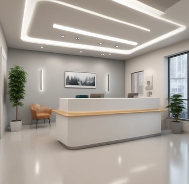 A sleek, minimalist dental clinic reception area with futuristic lighting and clean white surfaces.