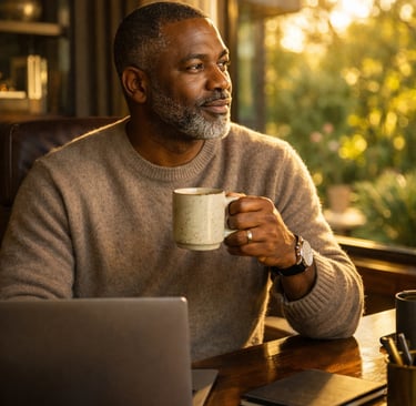 A black man sitting next to a minimalistic office with a view of the window Holding a mug a coffee