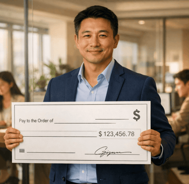 A man holding a big sample check