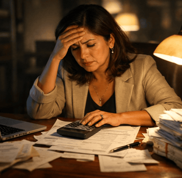 A woman in her office pressing on calculator and her right hand resting her forehead, worried