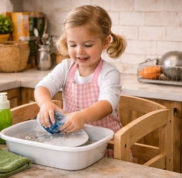 Bambina che asciuga una stoviglia in cucina stando su una torre di apprendimento, svolgendo un’attiv