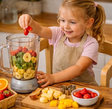 Bambina su una torre d’apprendimento che prepara uno smoothie, aggiungendo frutta fresca.