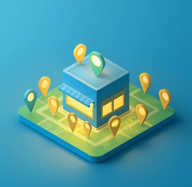 um prédio com um mapa e marcadores de localização