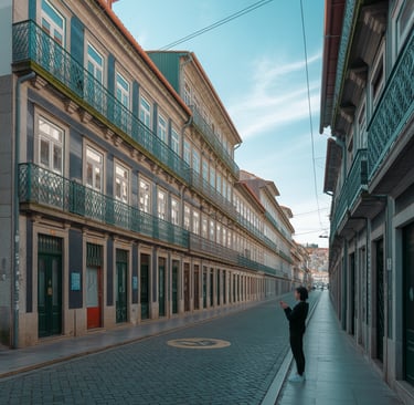 a person walking down a street with a person holding a cell phone