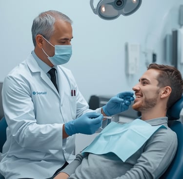 Dentista no Porto explicando implante dentário para paciente em consultório moderno