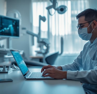 Dentista no Porto analisando crescimento digital da clínica no computador