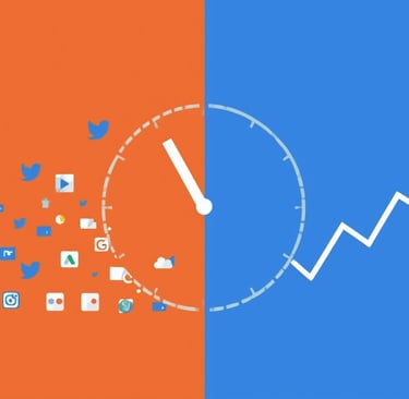 Uma imagem de um relógio sobre um fundo azul e laranja.