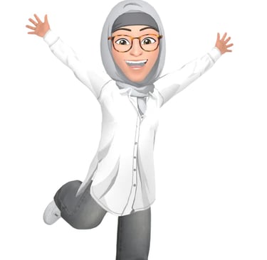 Cheerful female avatar wearing a grey hijab and white shirt jumping for joy.