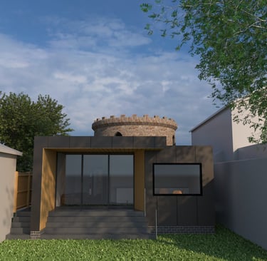 Modern home extension with large glass doors aginst listed stone tower in the background.