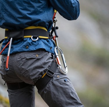 Helmet and climbing gear laid out on rocky ground near a vertical cliff