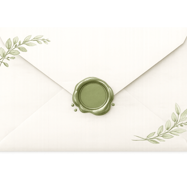 Elegant cream wedding envelope with botanical leaf illustrations and a sage green wax seal.