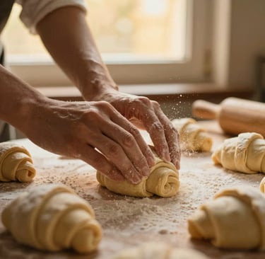 Las manos de un panadero estirando masa fresca de croissant sobre una superficie enharinada.