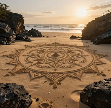 A wide, candid shot of a sprawling sand art mandala on a cinematic beach. Dark charcoal rock formations frame the edges of the frame, and the golden hour sun casts a warm, inviting glow over the entire landscape.
