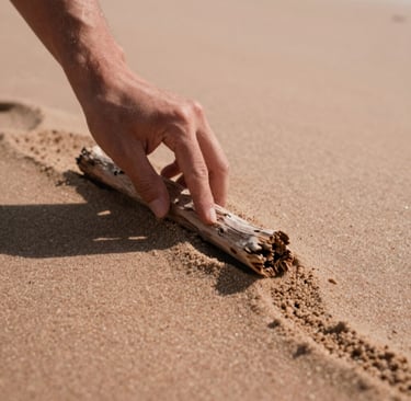 A cinematic, close-up photograph of a hand gently dragging a piece of driftwood through soft sand, creating a textured line. The lighting is warm and sun-drenched, with terracotta tones in the shadows and a soft sand palette.