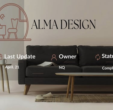 Interior design website UI mockup showing a modern living room, brand logo, and project details.